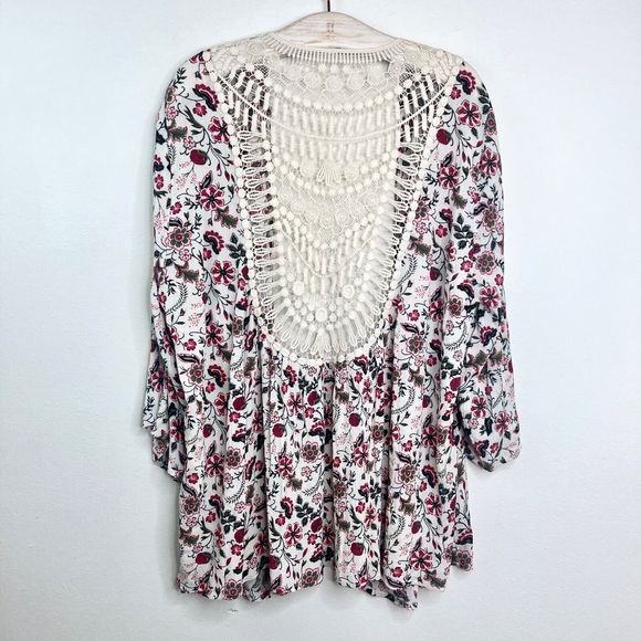 Torrid Women Cream Floral Open Front Kimono Plus size 1 Crochet Crinkle Gauze 1X - Picture 3 of 6